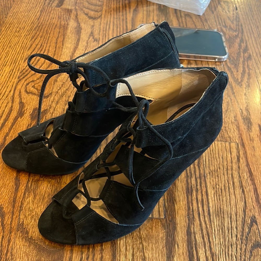 Ann Taylor lace up bootie heels with exposed back zipper
